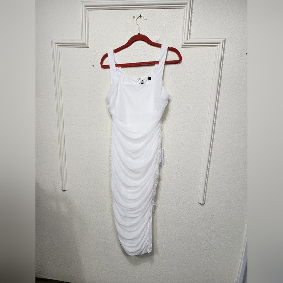 Lulus V.I.P. Treatment White Mesh Ruched Bodycon Midi Dress S Wedding Party - Picture 6 of 8